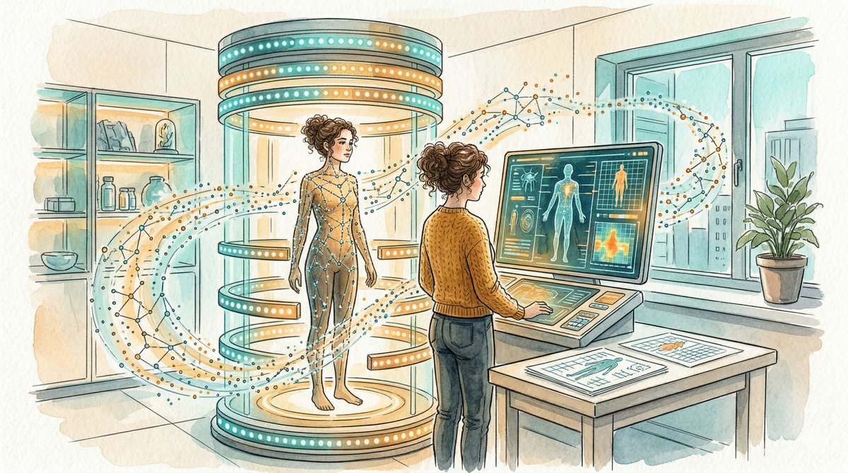 Watercolor illustration of a figure standing in a futuristic ring-shaped body scanner with data constellation streams flowing around them