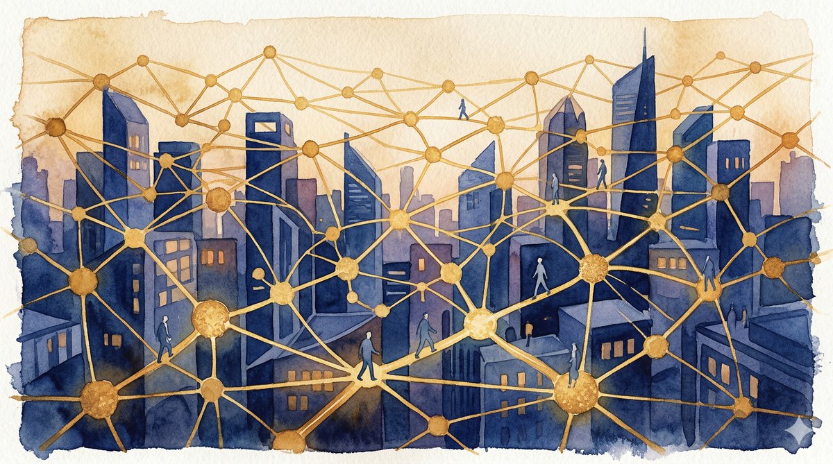 Watercolor illustration of a golden network of data nodes stretching across a deep blue cityscape