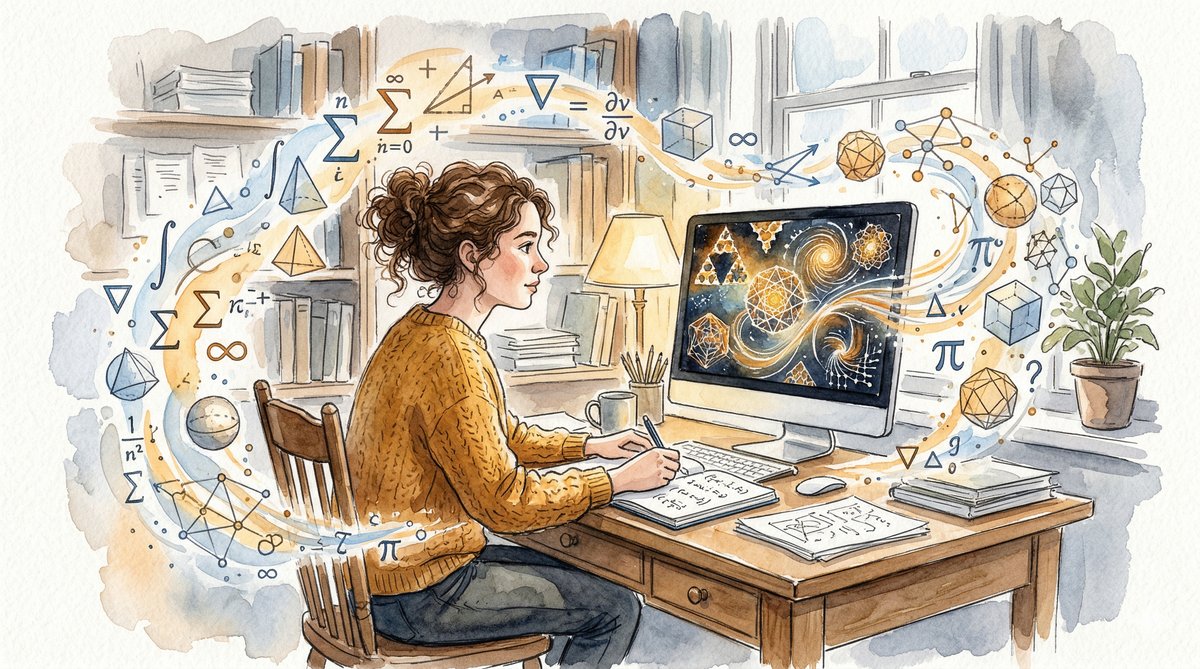 Watercolor illustration of a young woman mathematician at her desk, surrounded by floating mathematical symbols and geometric patterns, with a glowing computer screen