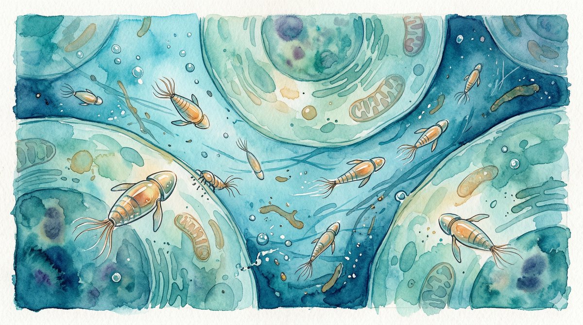 Watercolor illustration of microscopic robots depicted as tiny elegant creatures swimming through a watery cellular environment, navigating between enormous cell structures in rich teals and ambers