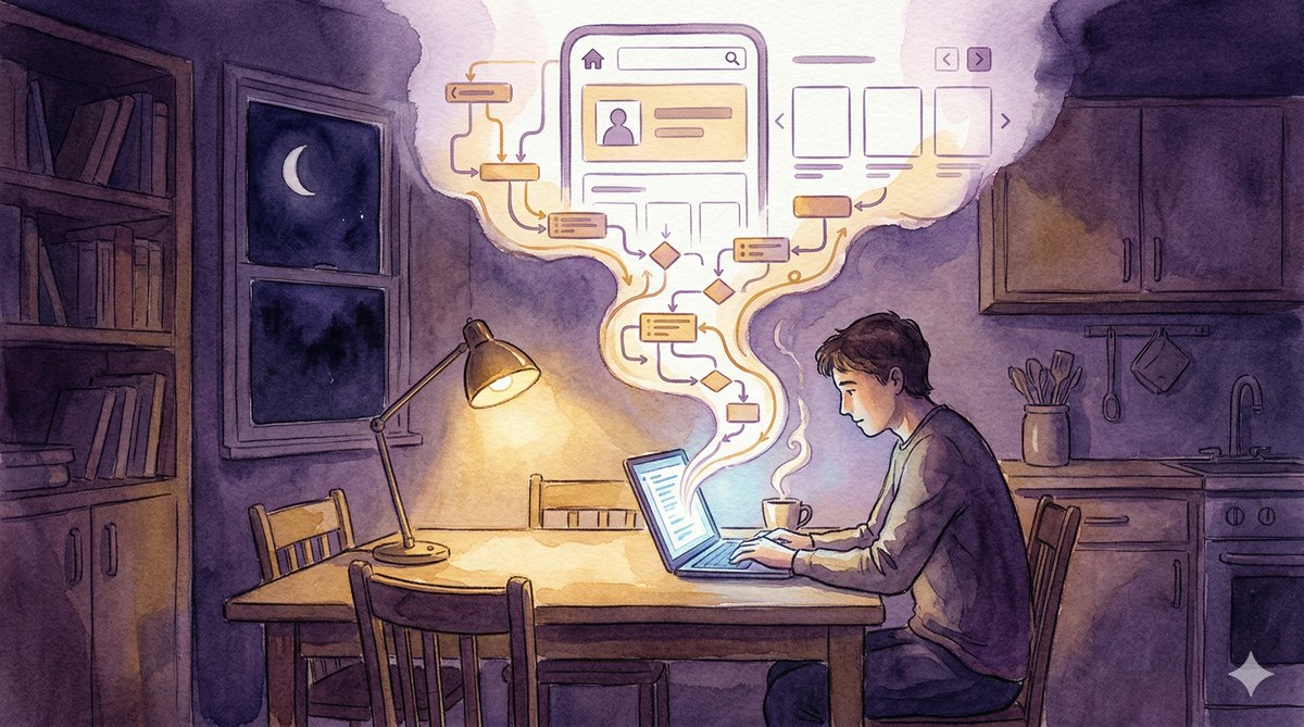 Watercolor illustration of a person sitting at a kitchen table late at night with a glowing laptop, lines of code rising like steam from a coffee cup and transforming into an app interface above