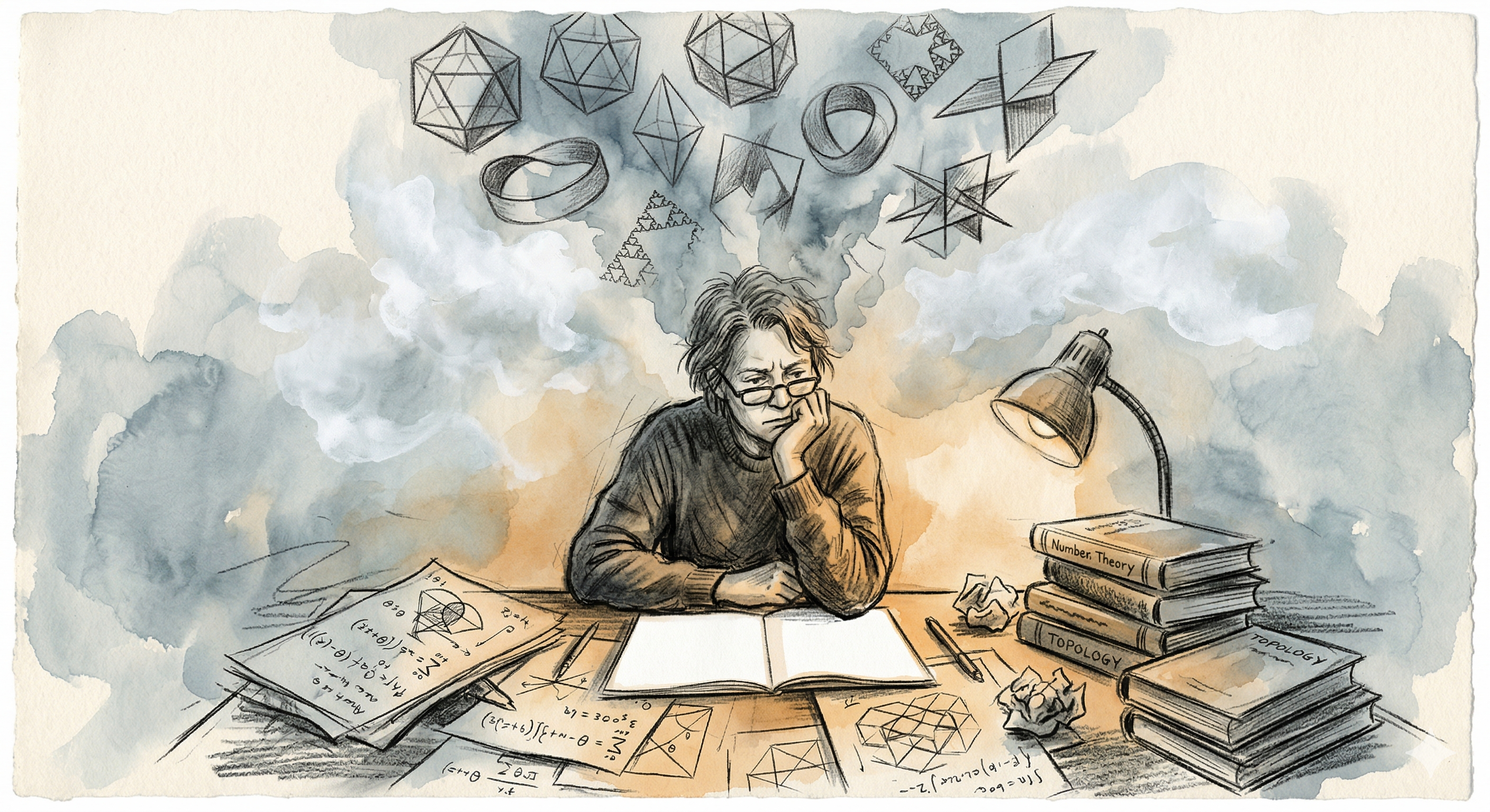 Watercolor of a mathematician at a desk with geometric shapes dissolving into mist
