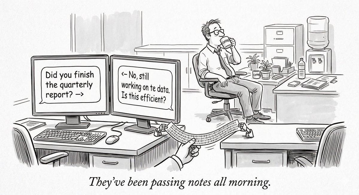 New Yorker cartoon: Two computers passing notes while a human obliviously drinks coffee. Caption: They've been passing notes all morning.