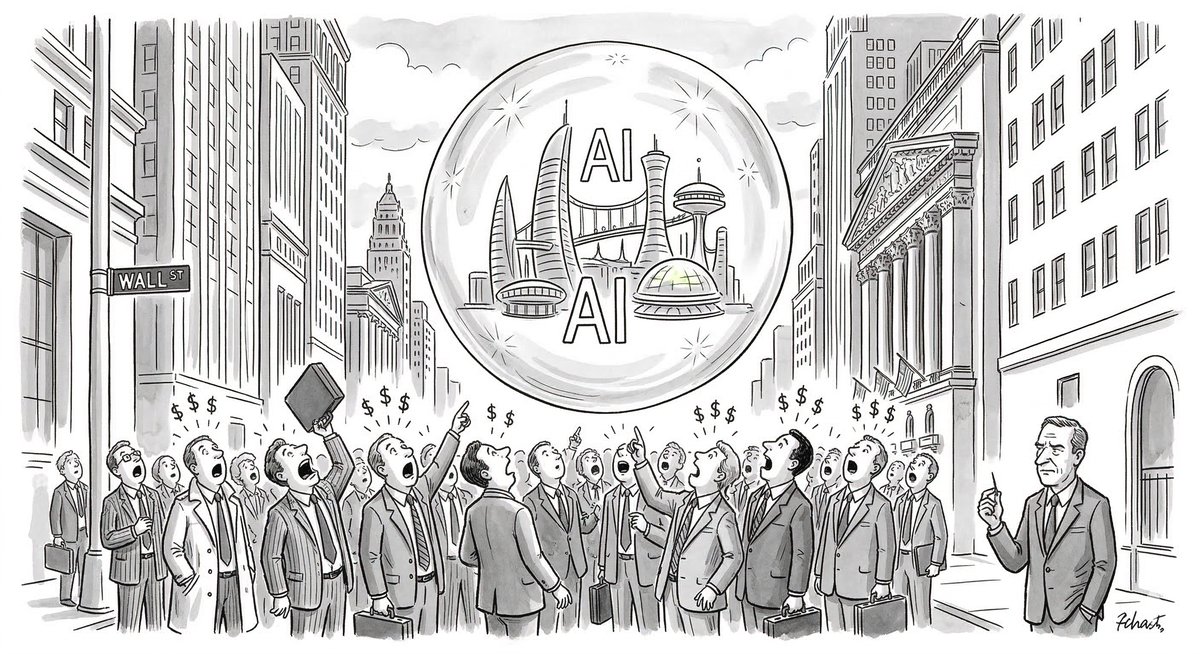 New Yorker cartoon: A massive bubble containing a futuristic AI city floats above Wall Street, crowds of investors with dollar signs in their eyes stare up, one figure holds a tiny pin