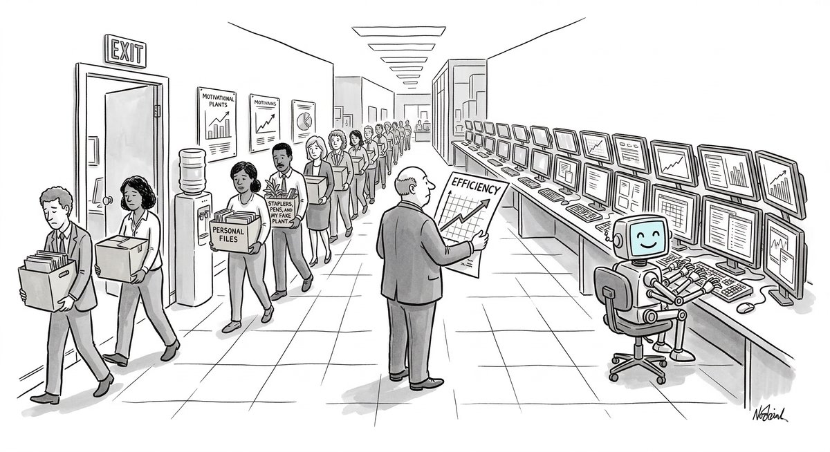 New Yorker cartoon: Workers filing out with boxes toward Exit while a small cheerful robot sits at a wall of monitors, manager holds Efficiency chart