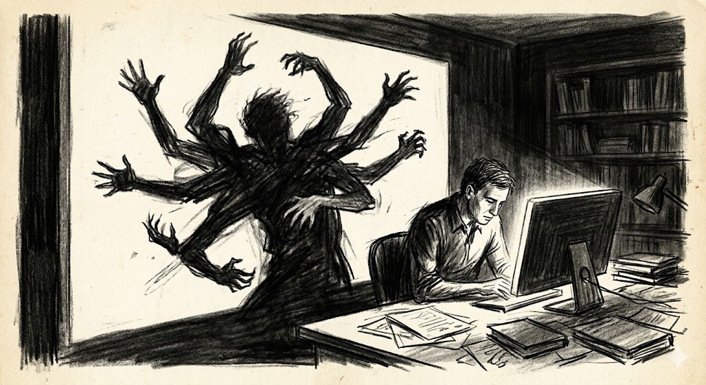 A charcoal sketch of a person at a desk staring at a computer, while behind them looms a frantic multi-armed shadow reaching in every direction