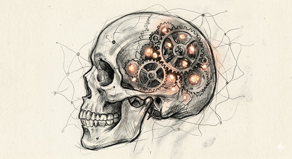 A charcoal sketch of a translucent human skull in profile, filled with clockwork gears and glowing amber orbs caught between the cogs like fireflies trapped in a machine
