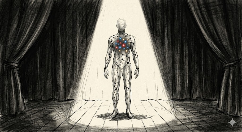 Charcoal sketch of a translucent neural figure on a theater stage with glowing emotion dots in its chest