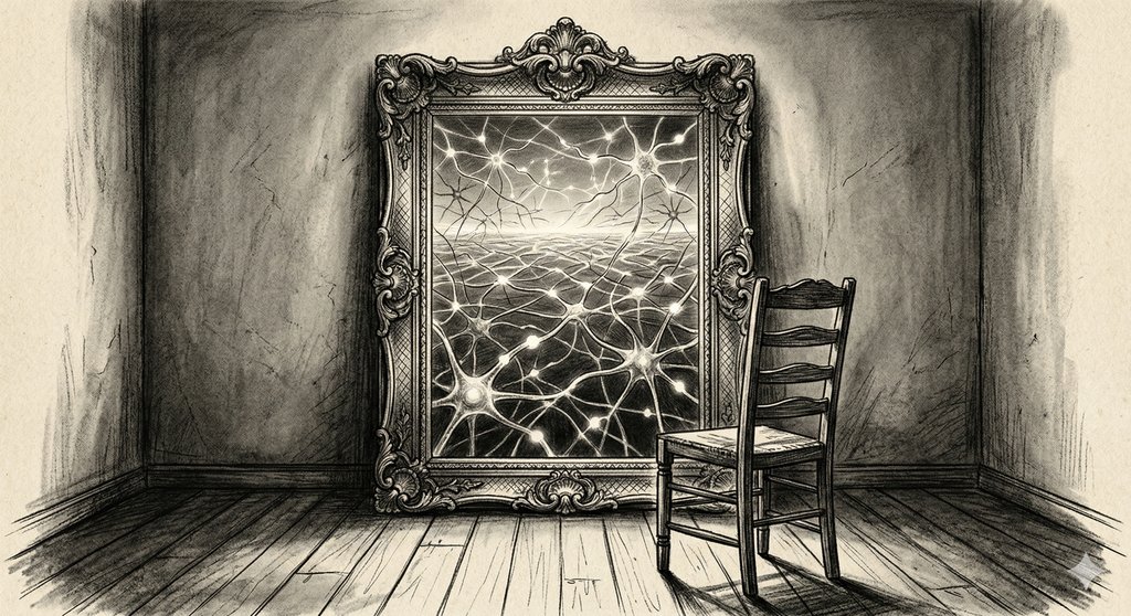 A charcoal sketch of an ornate mirror in an empty room, its reflection showing not the room but a vast landscape of neural network connections stretching to infinity
