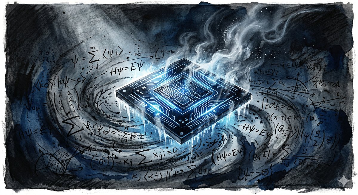 Charcoal and blue ink wash of a quantum computing chip glowing with circuitry amid swirling equations