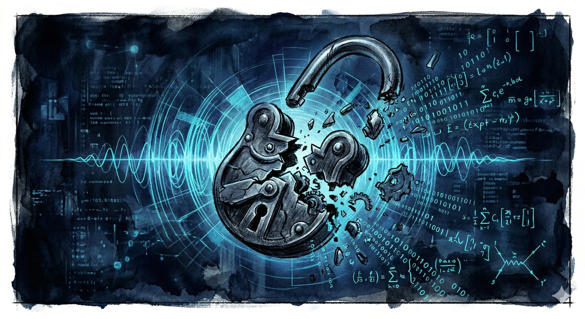 A broken padlock floating in digital space with quantum wave patterns rippling outward