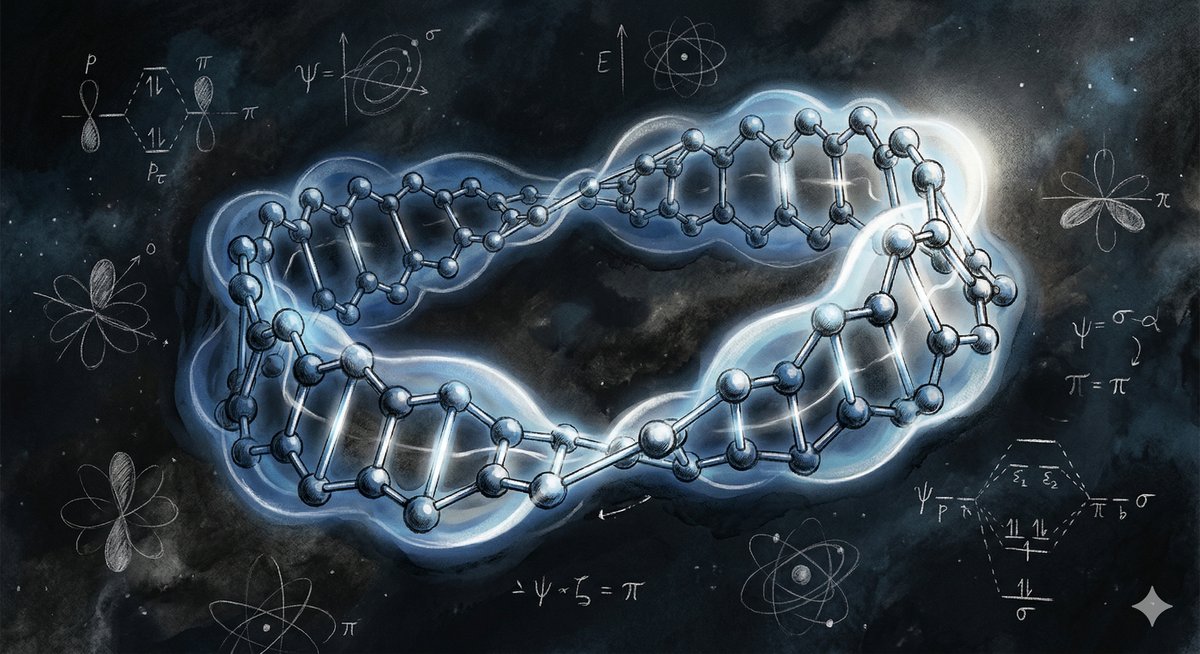 A twisted Möbius-like molecular structure glowing with electron orbitals, rendered in detailed scientific illustration style