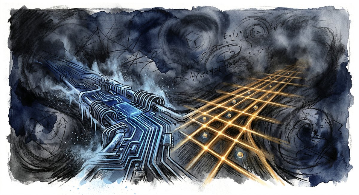 Two diverging paths through a futuristic quantum landscape, one glowing with cold blue superconducting circuits, the other with warm amber atom traps