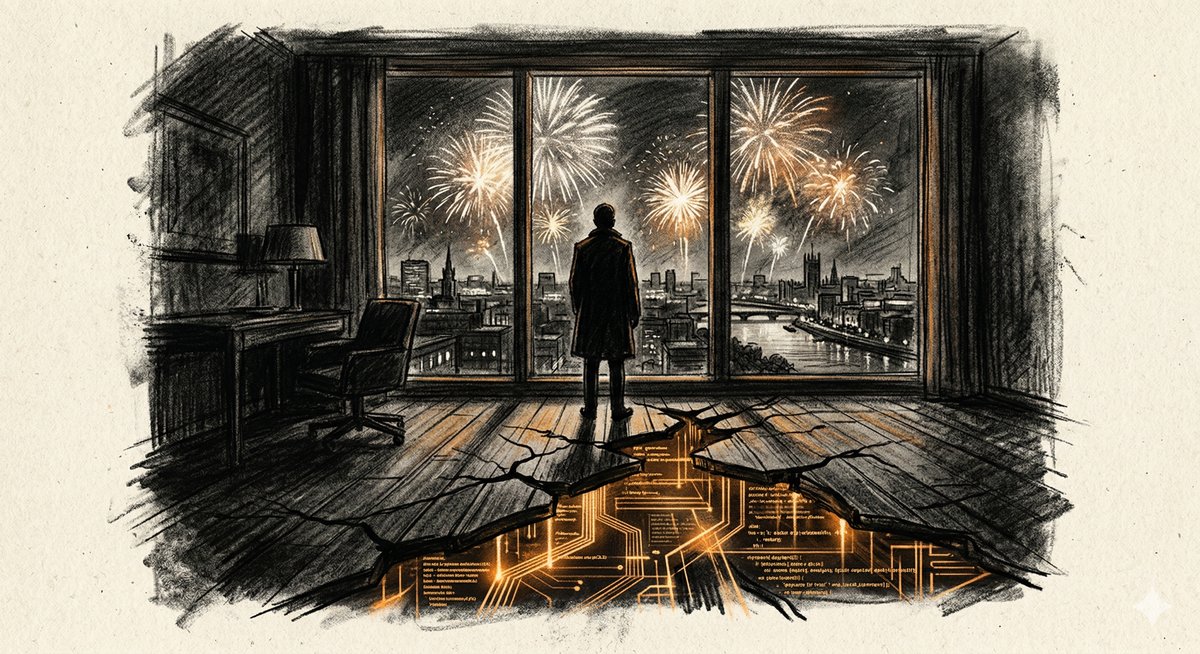 Charcoal sketch of a figure watching fireworks while the floor cracks open to reveal circuitry beneath