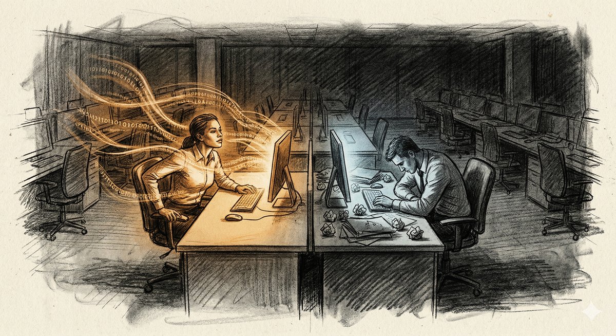 Two figures at desks, one bathed in light from a screen, the other in shadow