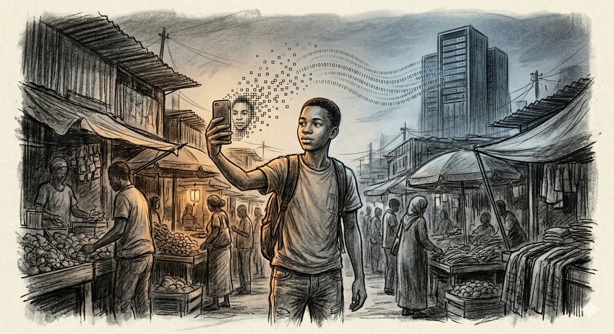 A person looking at their reflection, which is being digitally fragmented and dispersed