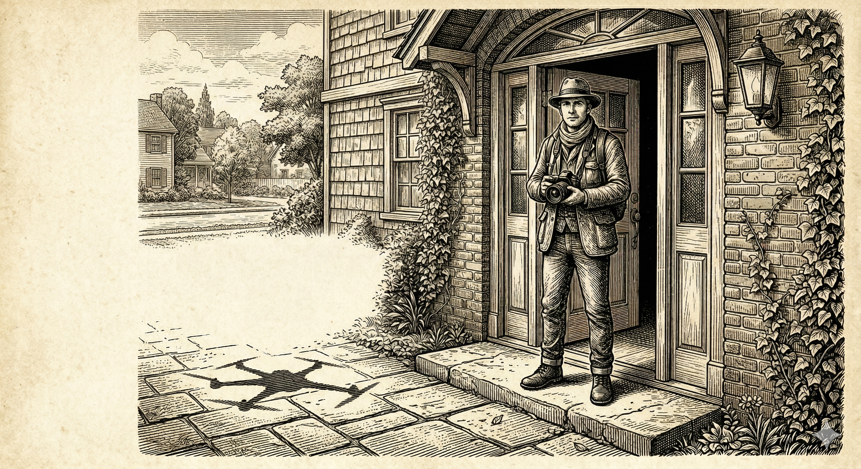 Vintage engraving of a photographer with a drone shadow