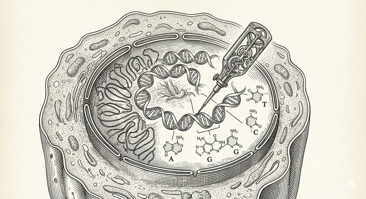 A vintage engraving of a CRISPR base editor as a delicate watchmaker's instrument touching a spiral of DNA inside a cross-section of a liver cell