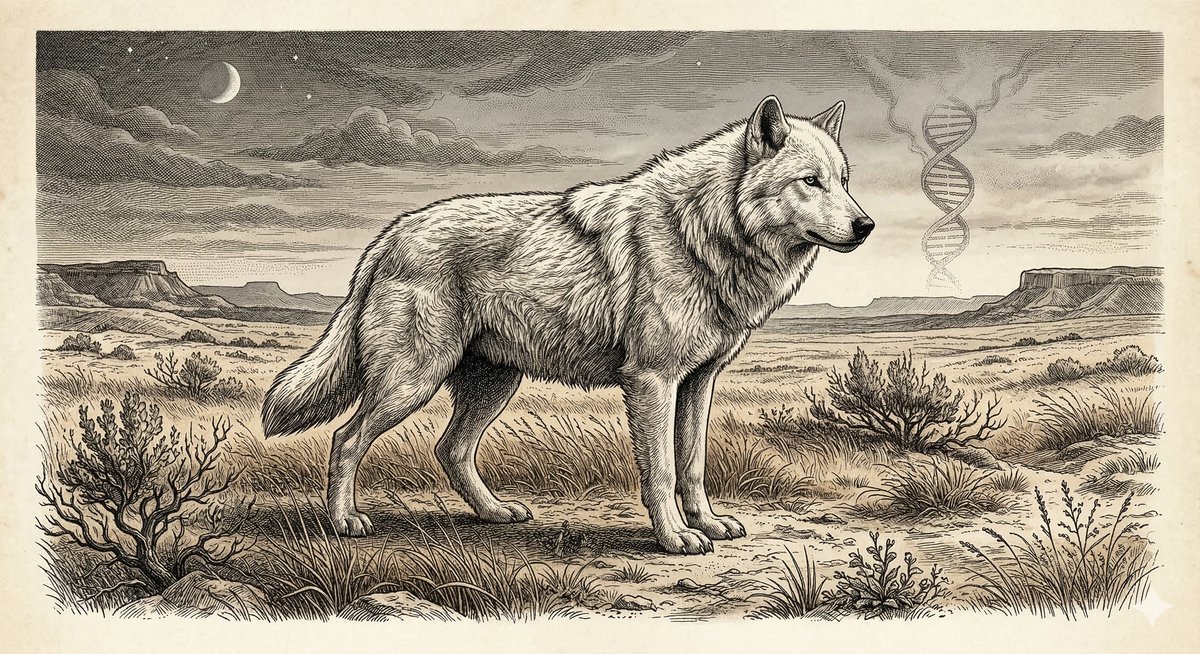 A vintage engraving of a white dire wolf standing on a Texas prairie with a spectral DNA double helix rising like smoke from the horizon