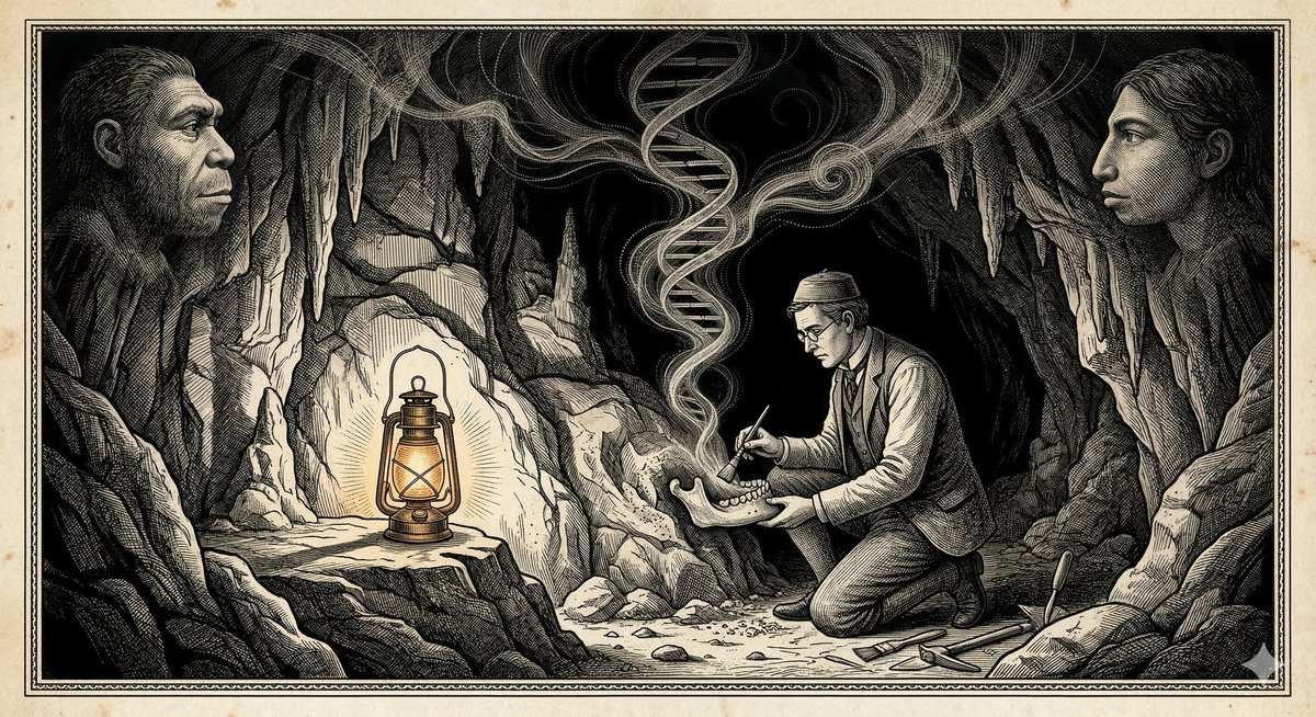 A vintage engraving of a Victorian couple seated at a desk studying a ledger filled with embryo scores, while ghost-like children hover in the lamplight above