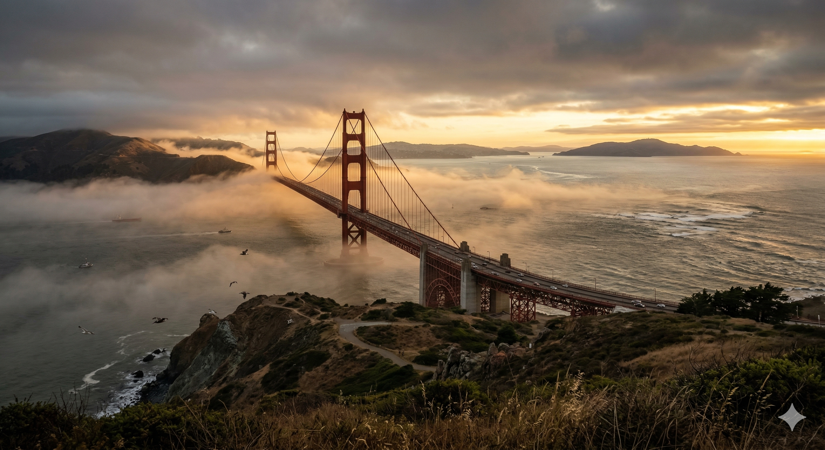 Gray whale surfacing near the Golden Gate Bridge at dawn
