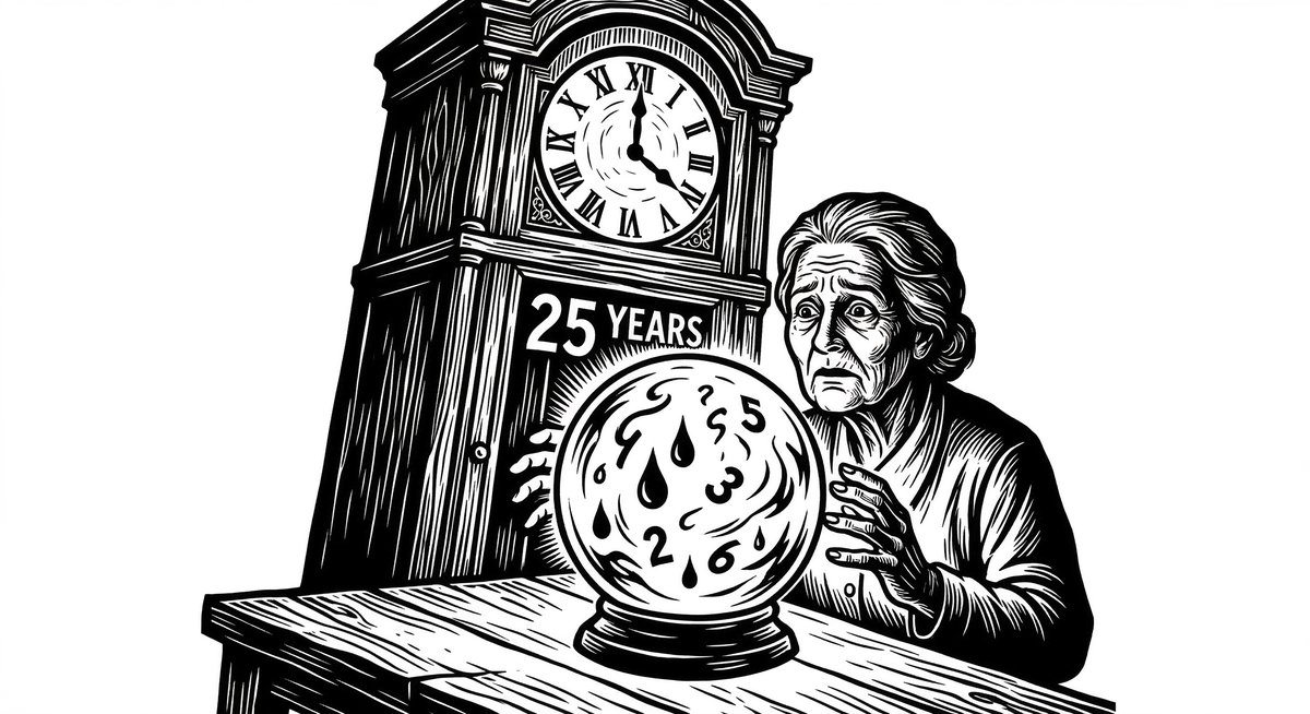 Woodcut illustration: a woman gazes into a crystal ball filled with swirling blood and numbers, a large clock behind her shows 25 years