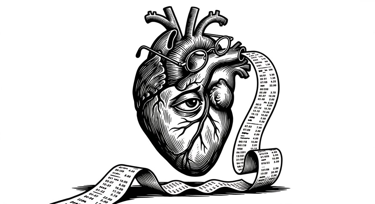 Woodcut illustration: a human heart wearing reading glasses examines a very long receipt trailing to the floor