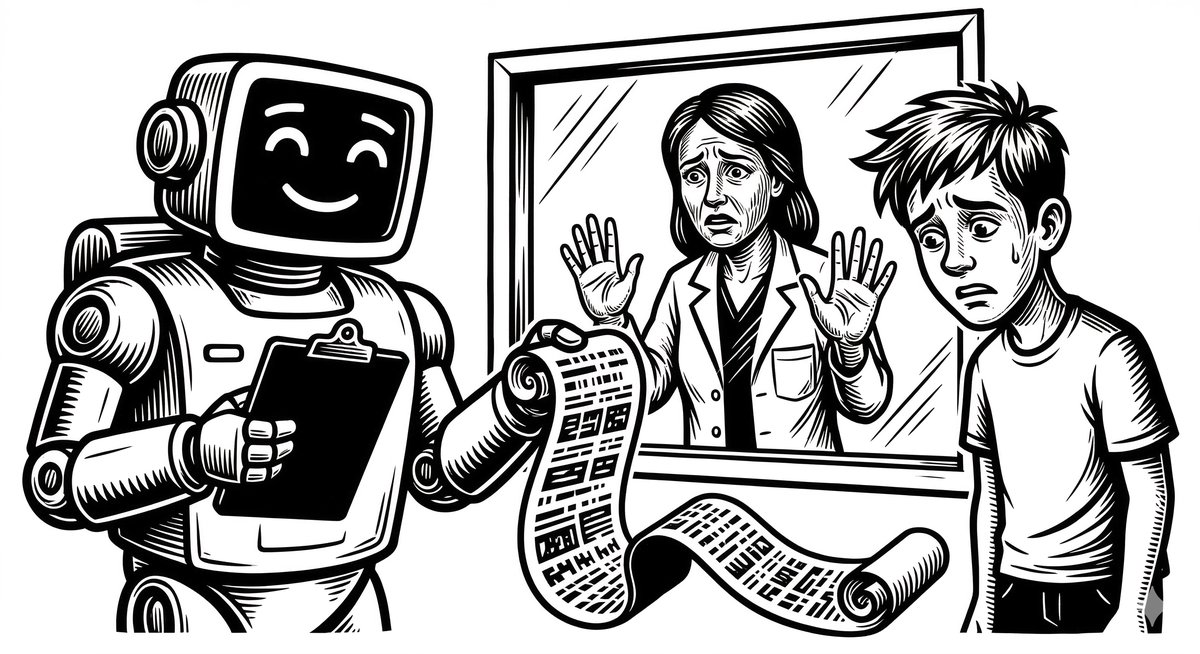Woodcut illustration: a robot AI doctor hands a dangerous diet plan to a worried teenager while a real dietitian watches helplessly from behind glass