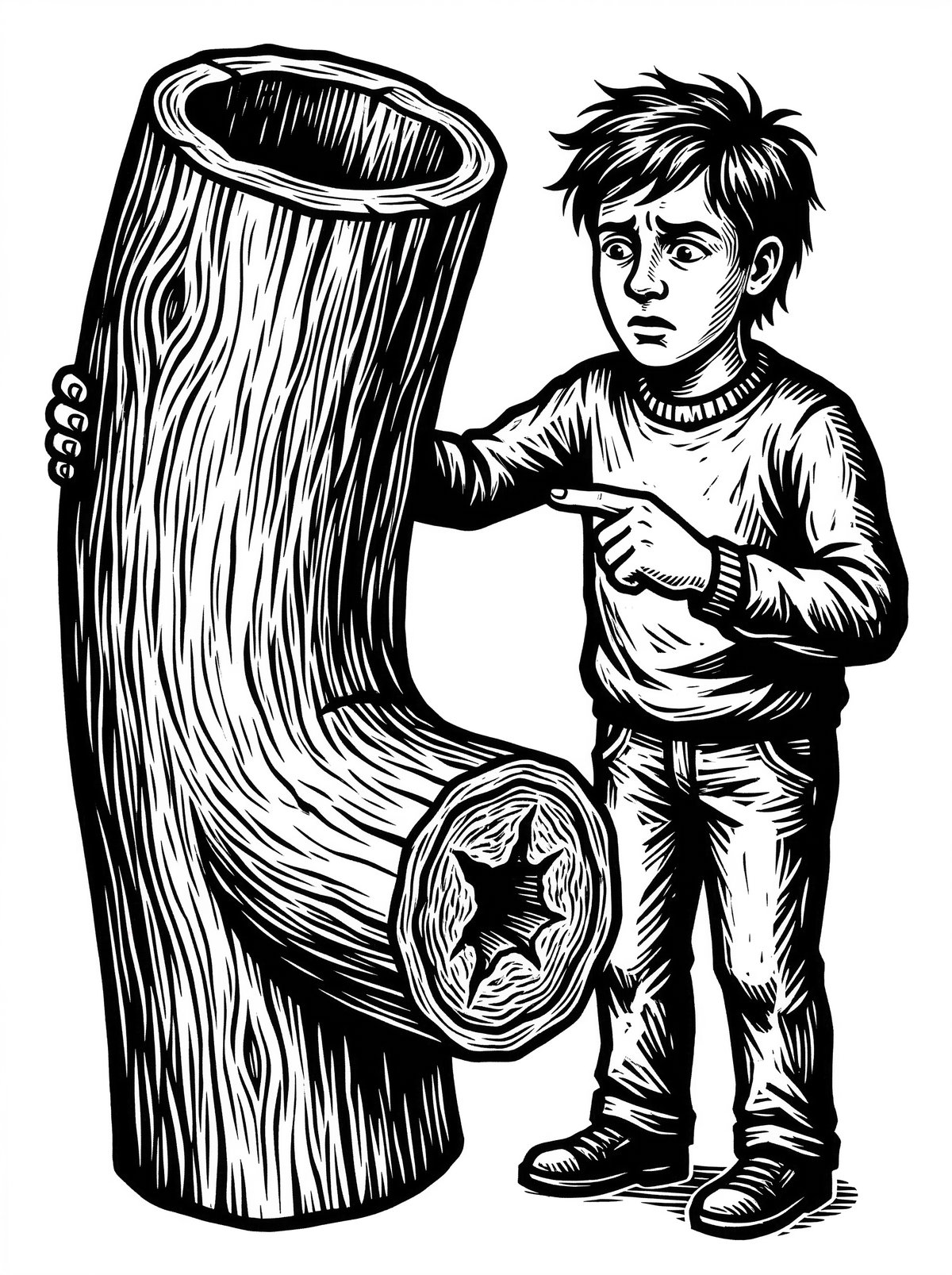 Woodcut illustration: a young figure stands beside a stiff, rigid colon-pipe, confused