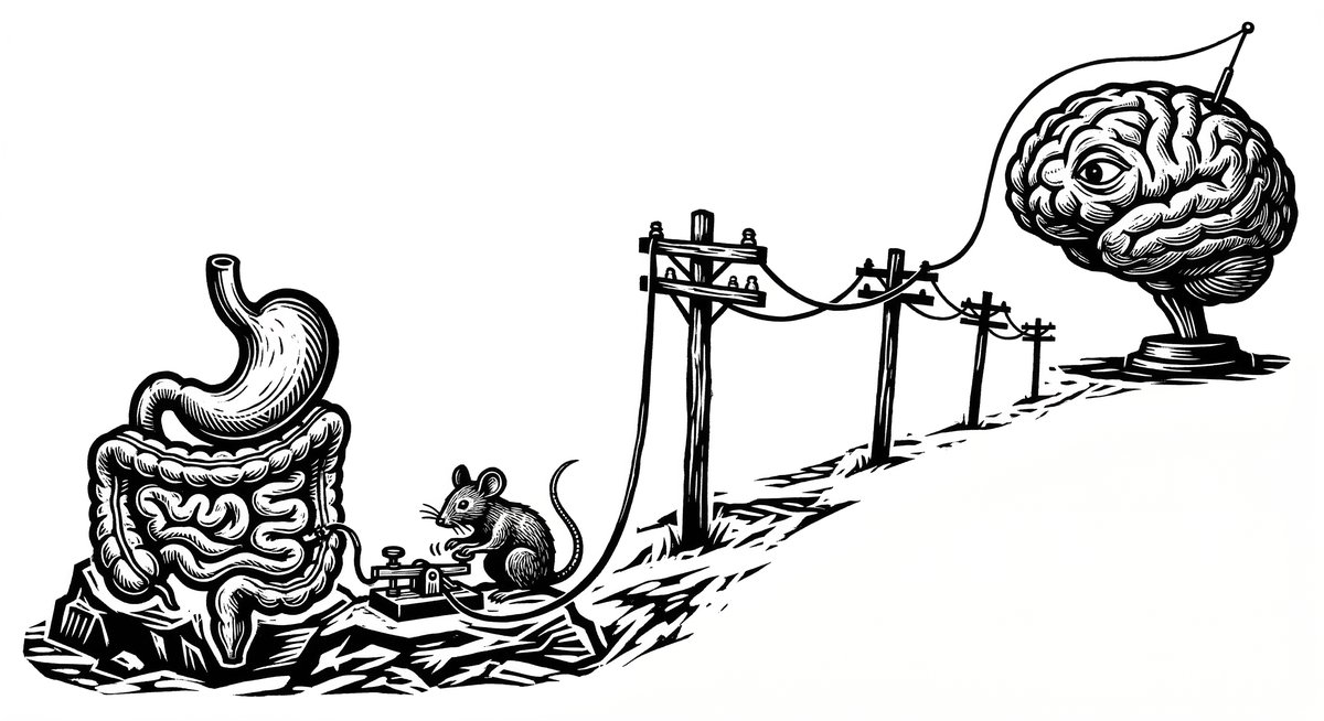 Woodcut illustration of gut and brain connected by telegraph wire