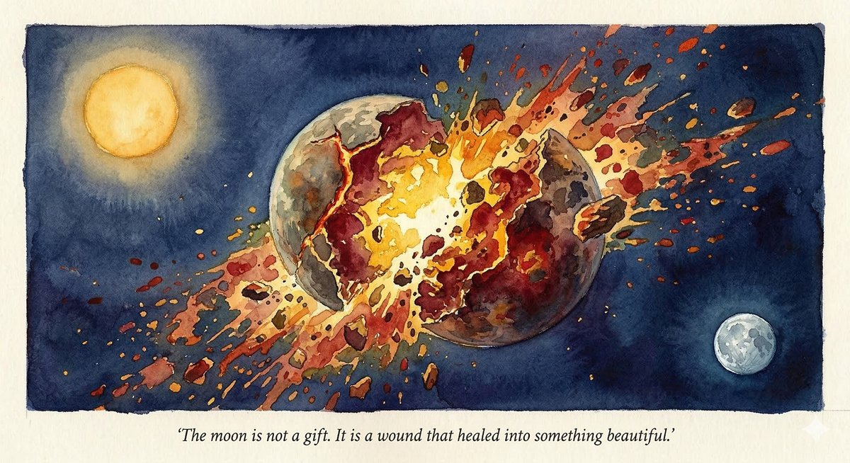 Watercolor illustration of two planets colliding with molten debris, a calm sun watching, and a small moon in the corner