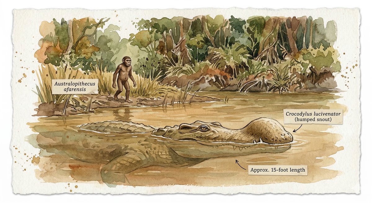 Watercolor illustration of a prehistoric African river scene with Australopithecus afarensis approaching water where Crocodylus lucivenator lurks