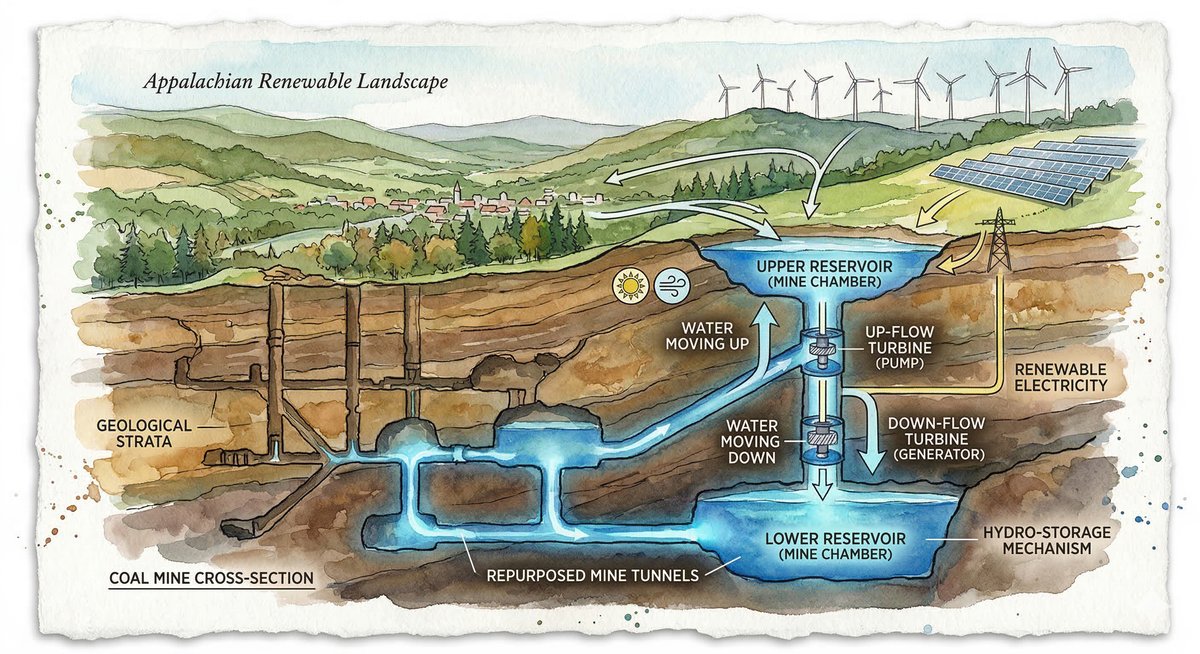Watercolor cross-section illustration showing Appalachian landscape with wind turbines above and repurposed coal mine tunnels with water flow below