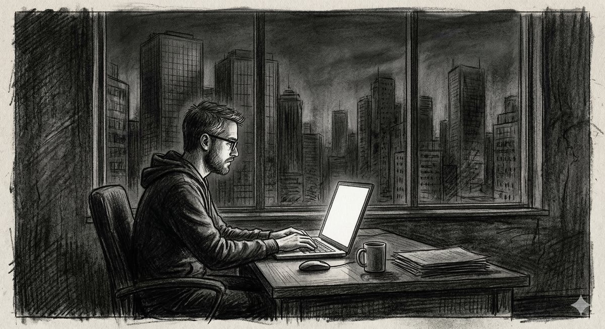 Charcoal sketch: a solitary software engineer hunched over a dark laptop in an empty, cavernous office