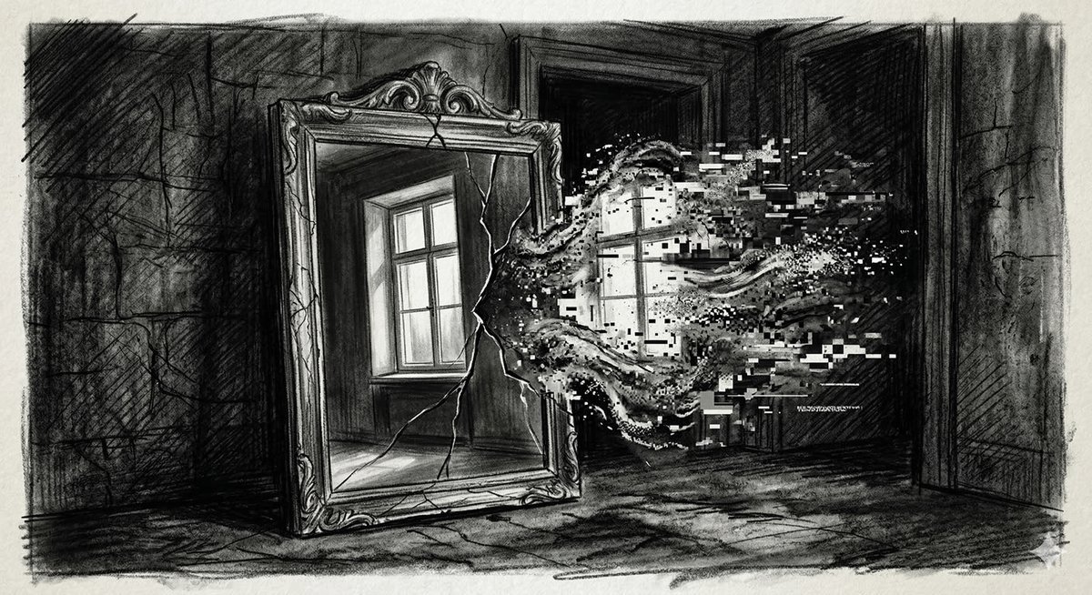 Charcoal sketch: an antique mirror cracked down the center, one half reflecting reality and the other dissolving into digital static