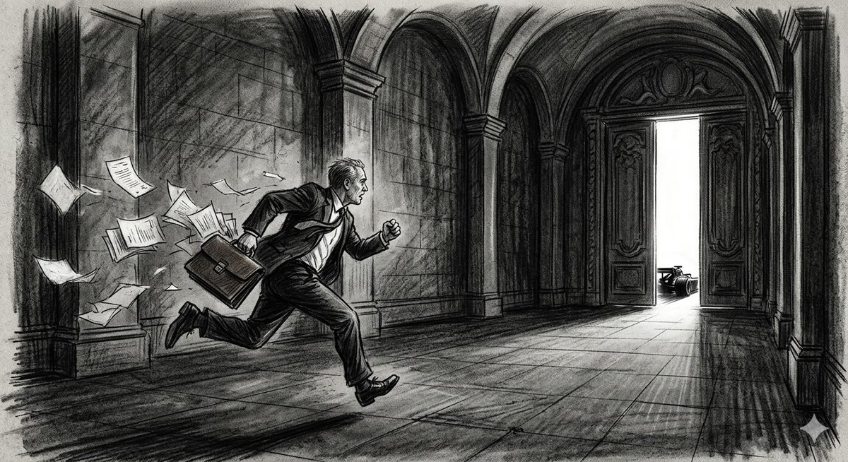 Charcoal sketch: a suited legislator sprinting down a grand corridor, briefcase in hand, papers flying, a bright doorway closing ahead