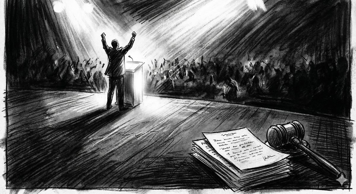 Charcoal sketch of a lone figure at a podium