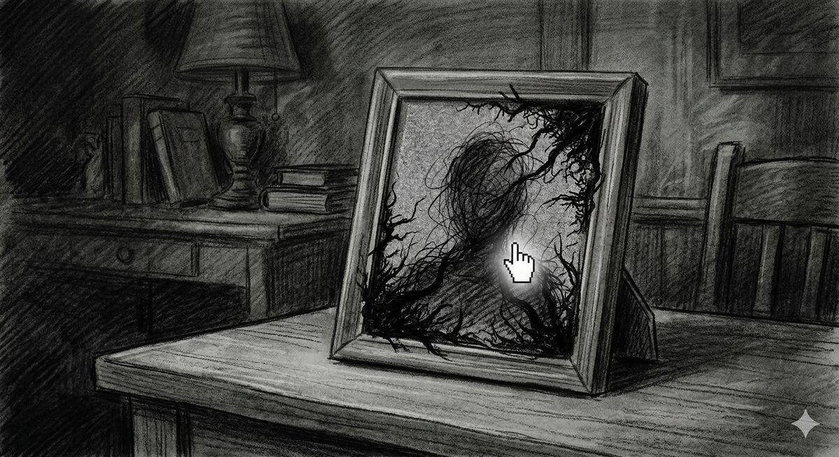 Charcoal sketch: a framed portrait on a wall with dark digital tendrils creeping out from behind the frame